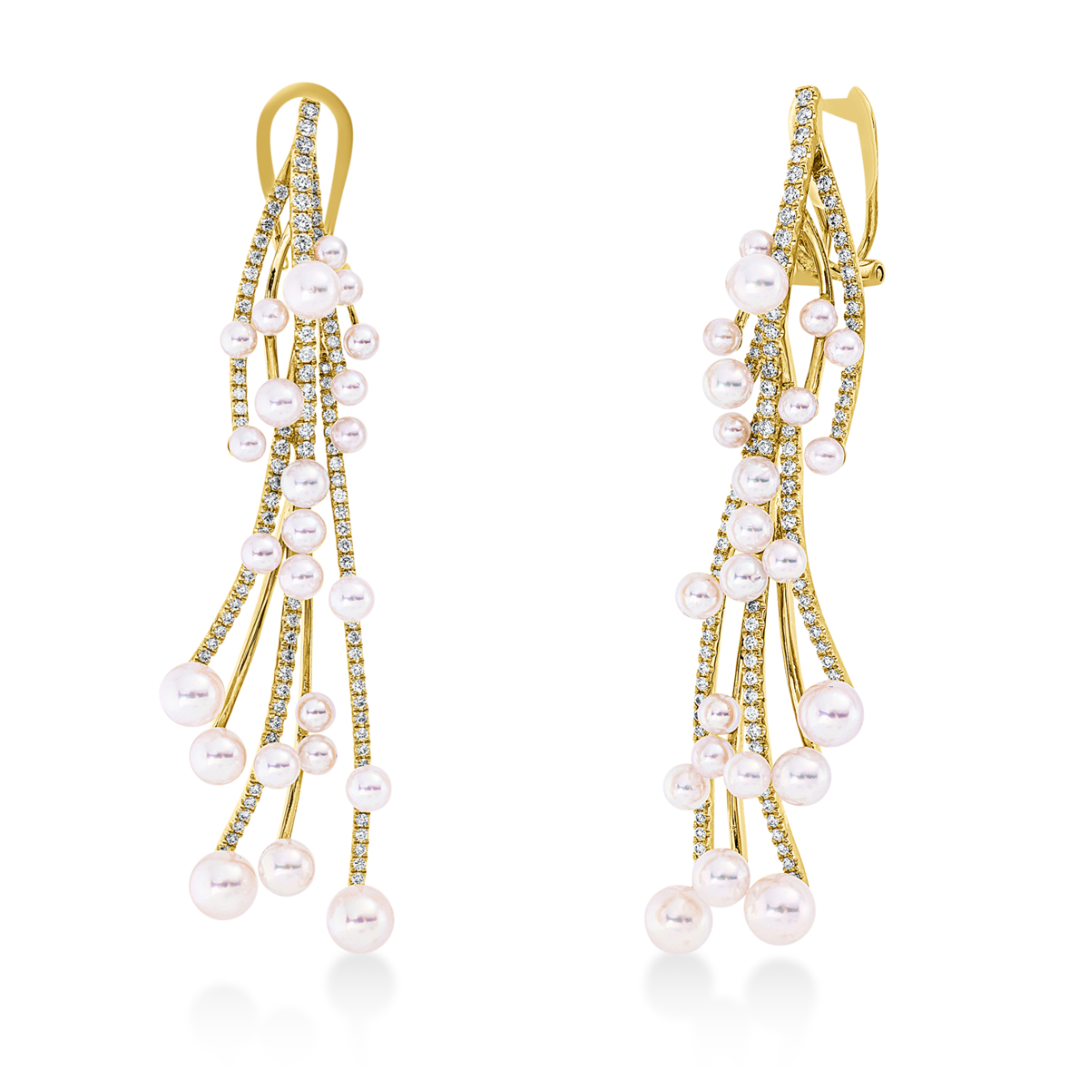 diamond full cut  pearl earrings in yellow gold