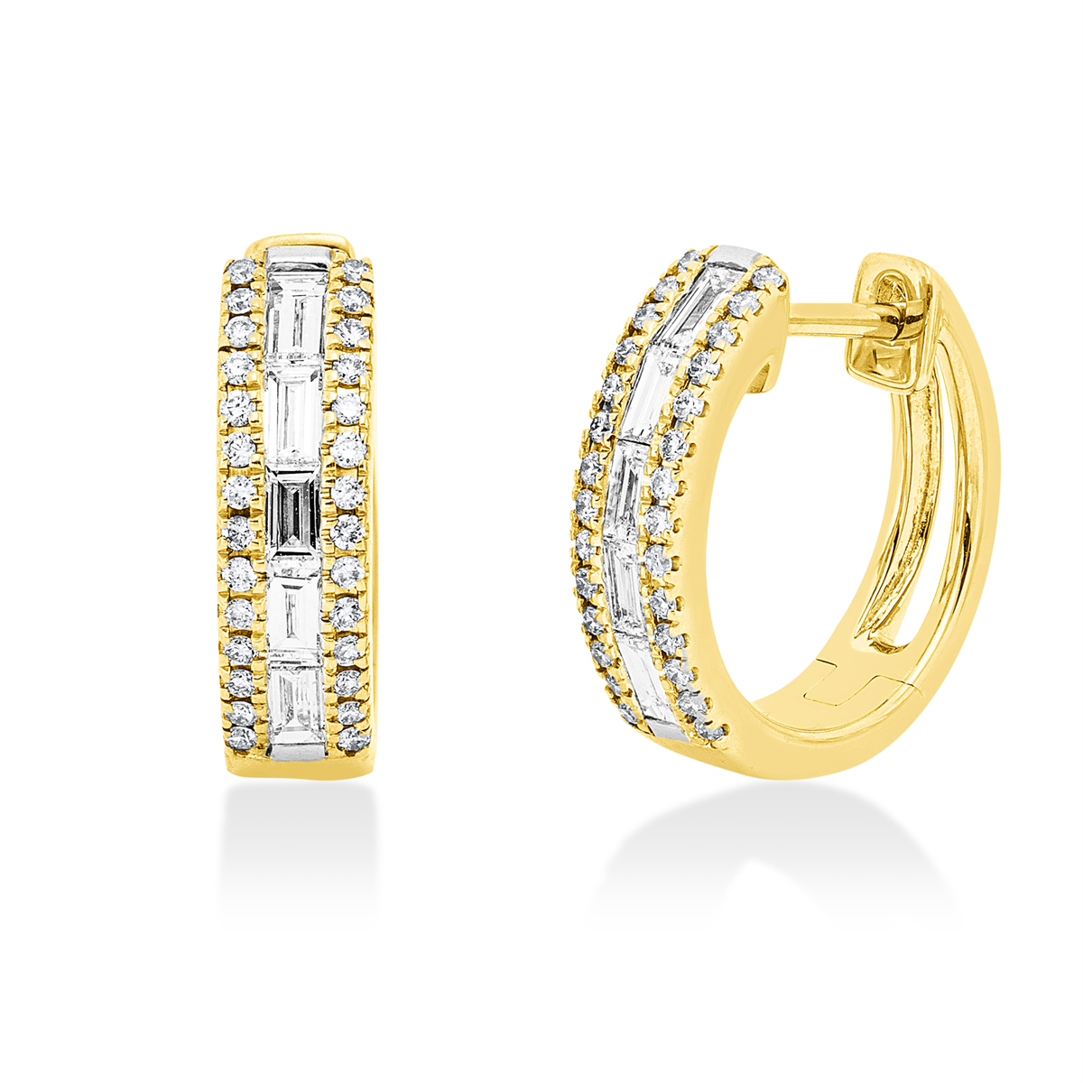 diamond full cut  baguette hoops & huggies in yellow gold / white gold