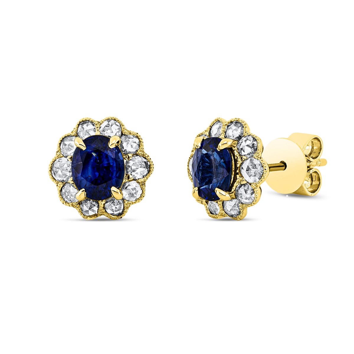 rose cut sapphire colored stone classic studs in yellow gold