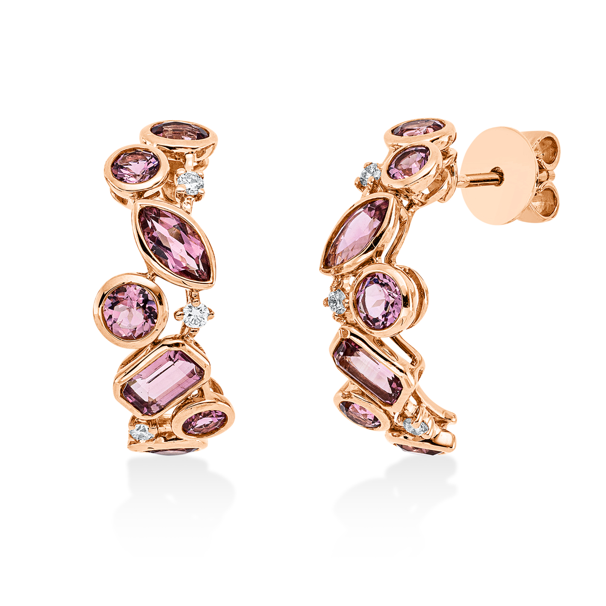 diamond full cut tourmaline colored stone fashion earrings in red gold