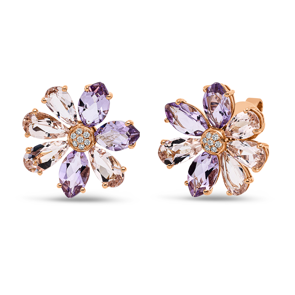 diamond full cut amethyst colored stone fashion studs in red gold
