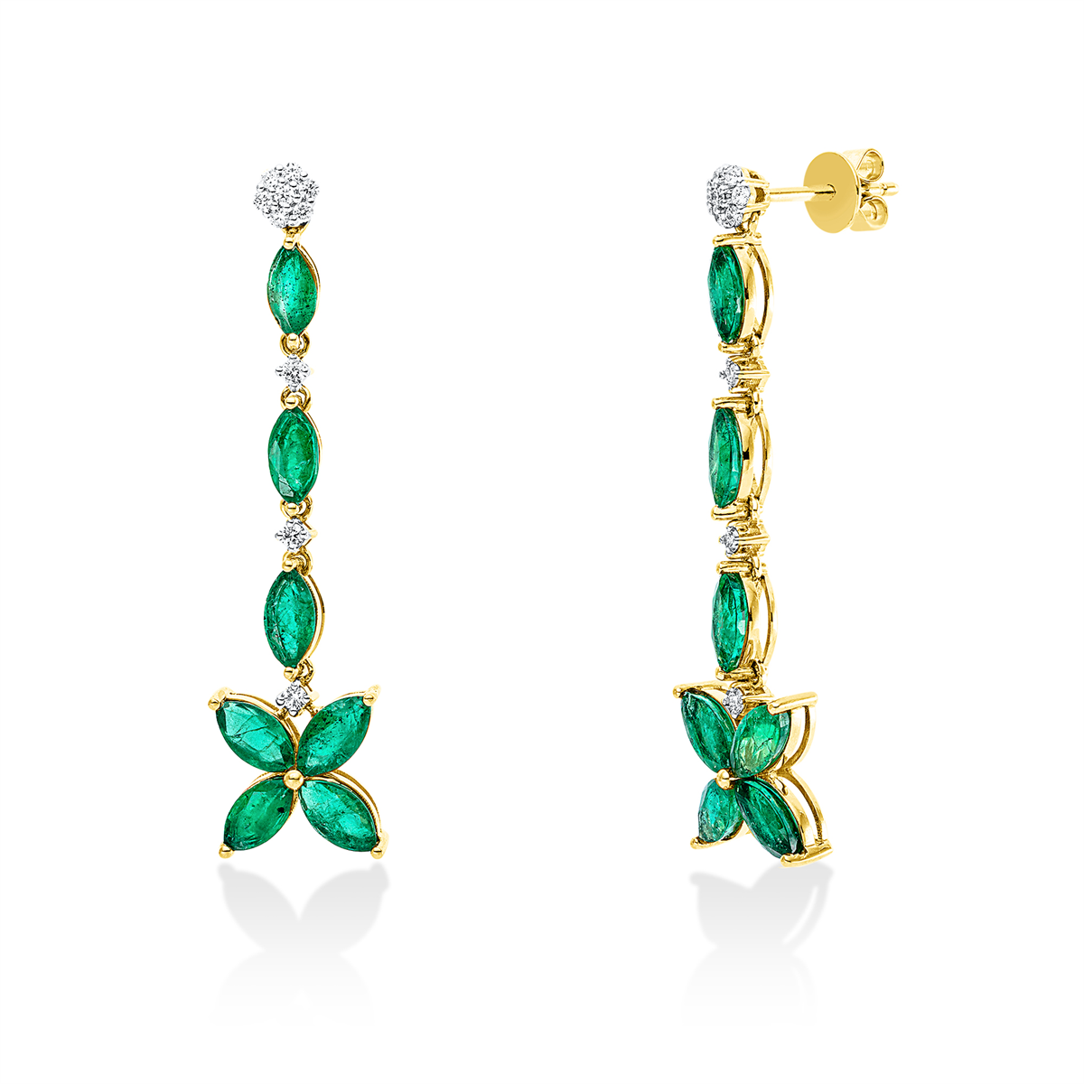 diamond full cut emerald colored stone classic earrings in yellow gold / white gold