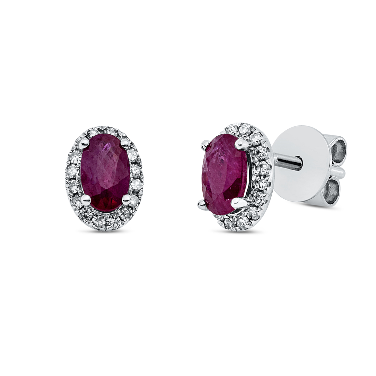 diamond full cut ruby colored stone classic studs in white gold