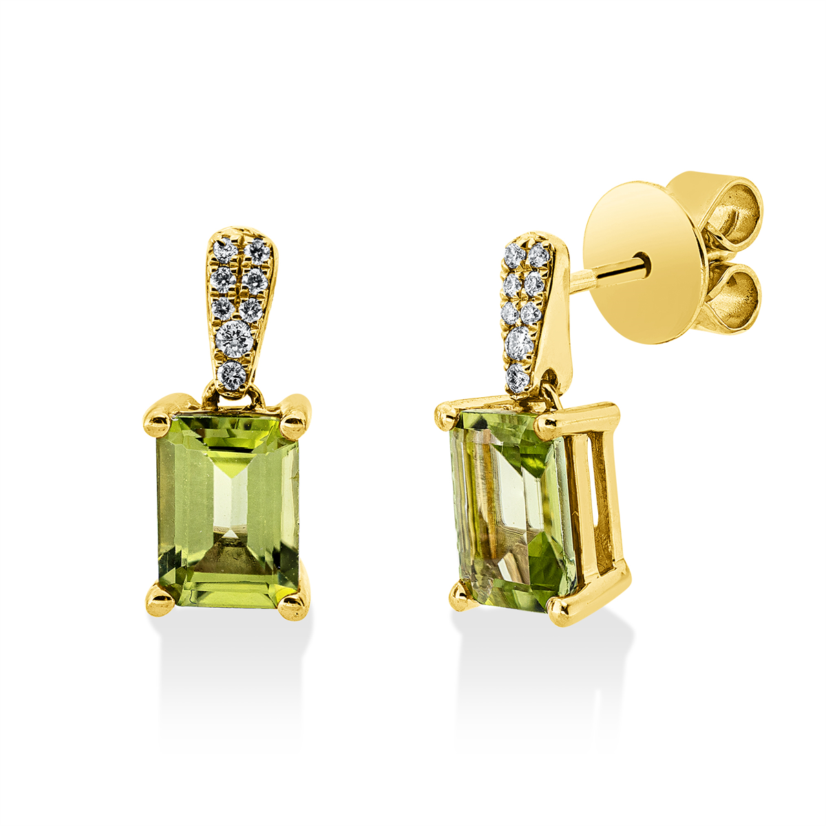 diamond full cut peridot colored stone fashion earrings in yellow gold