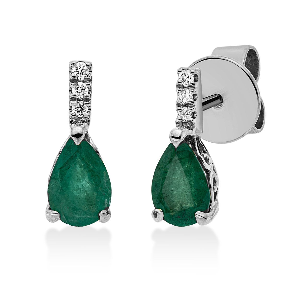 diamond full cut emerald colored stone classic studs in white gold
