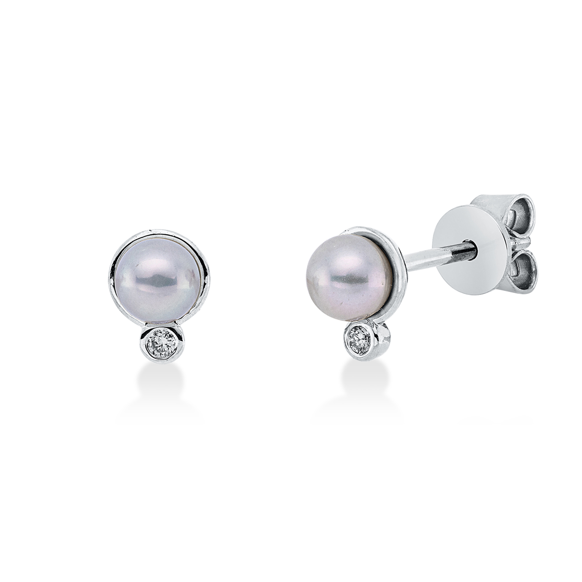 diamond full cut  pearl studs in white gold