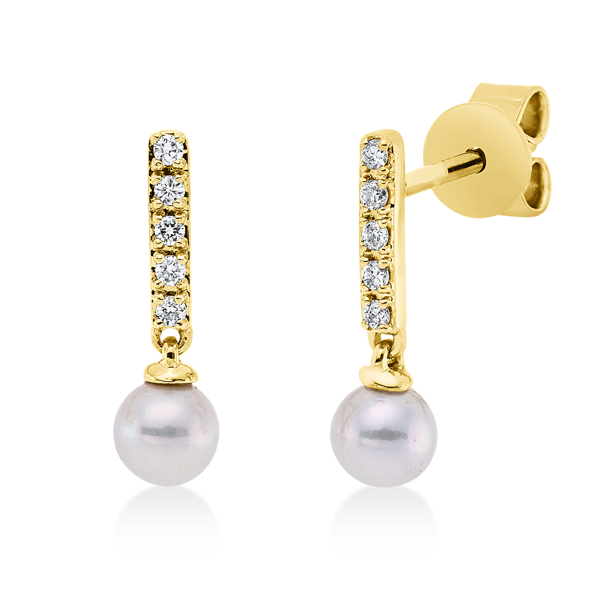 diamond full cut  pearl studs in yellow gold