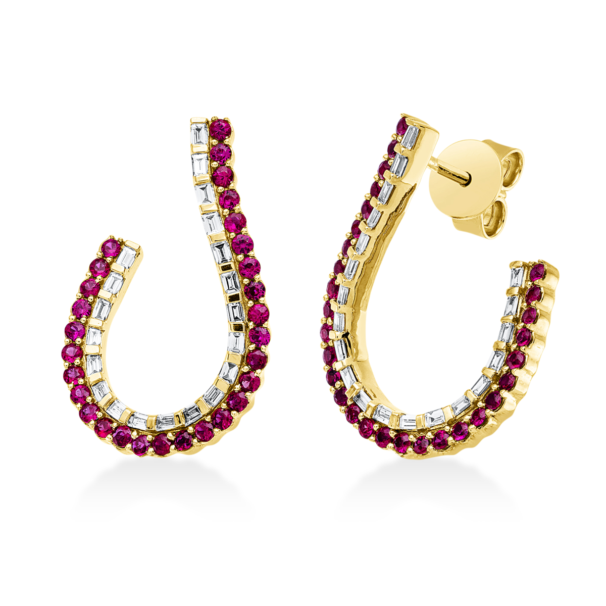 baguette ruby colored stone classic studs in yellow gold