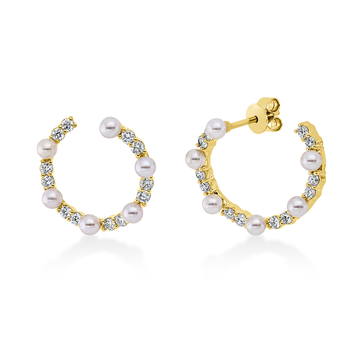 diamond full cut  pearl studs in yellow gold