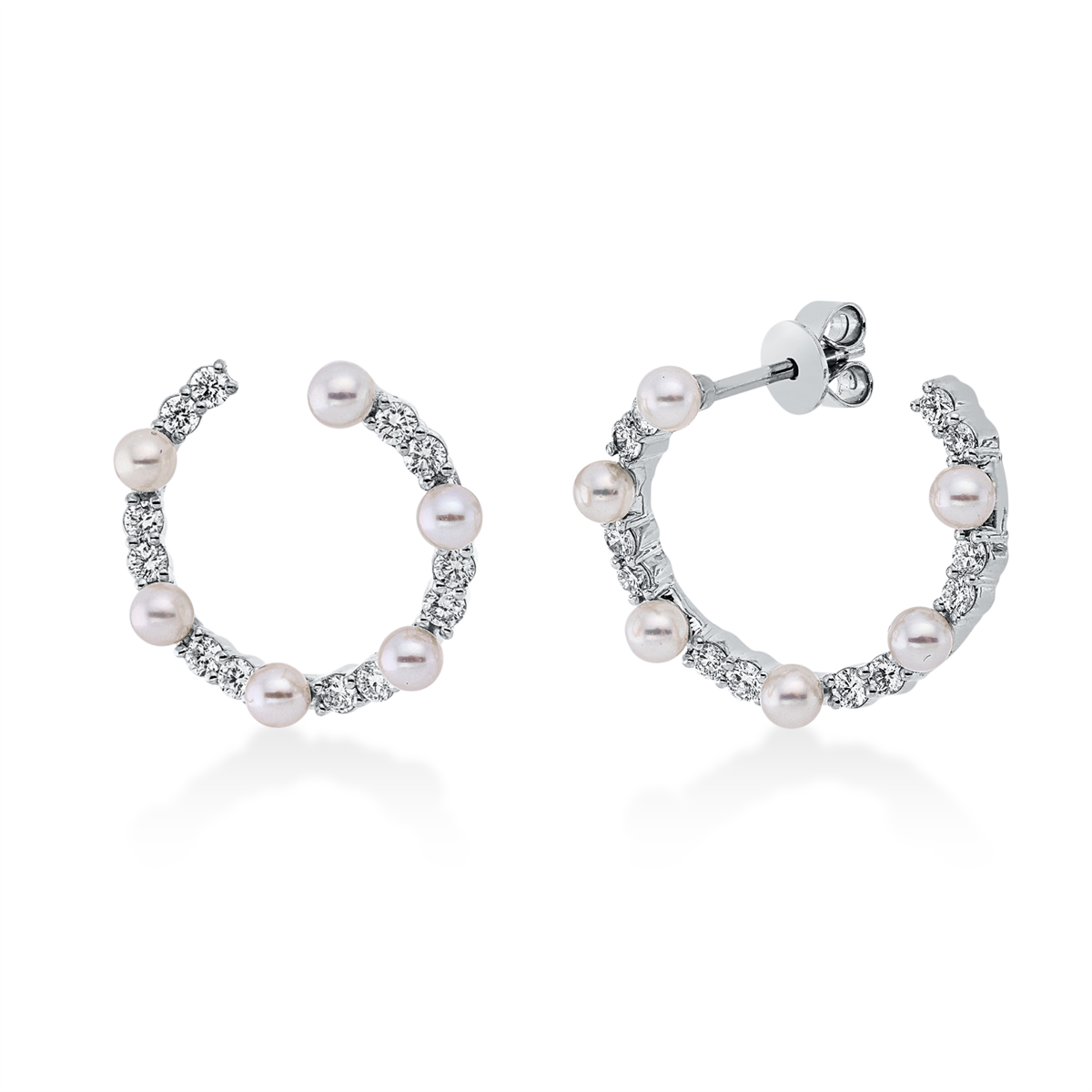 diamond full cut  pearl studs in white gold