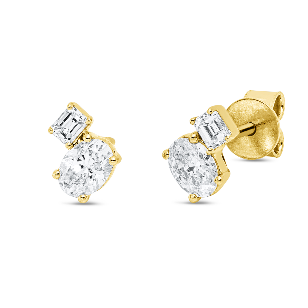 emerald cut  modern woman studs in yellow gold