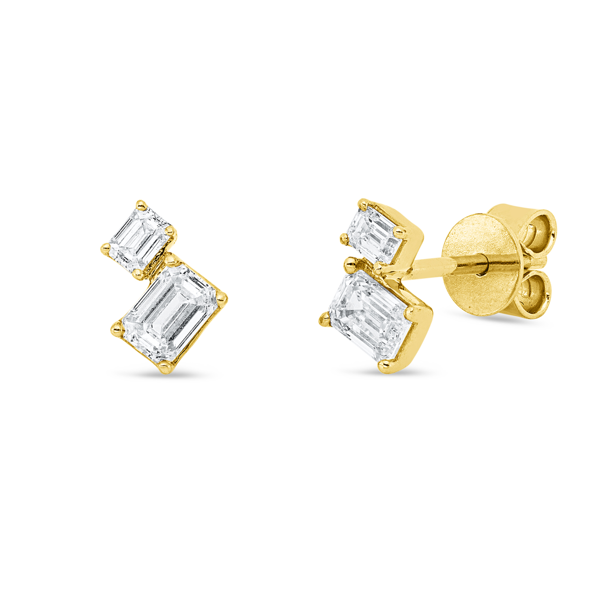 emerald cut  modern woman studs in yellow gold