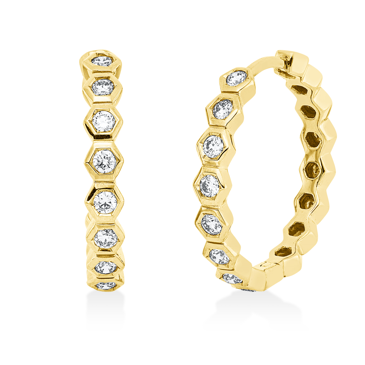 diamond full cut  modern woman hoops & huggies in yellow gold