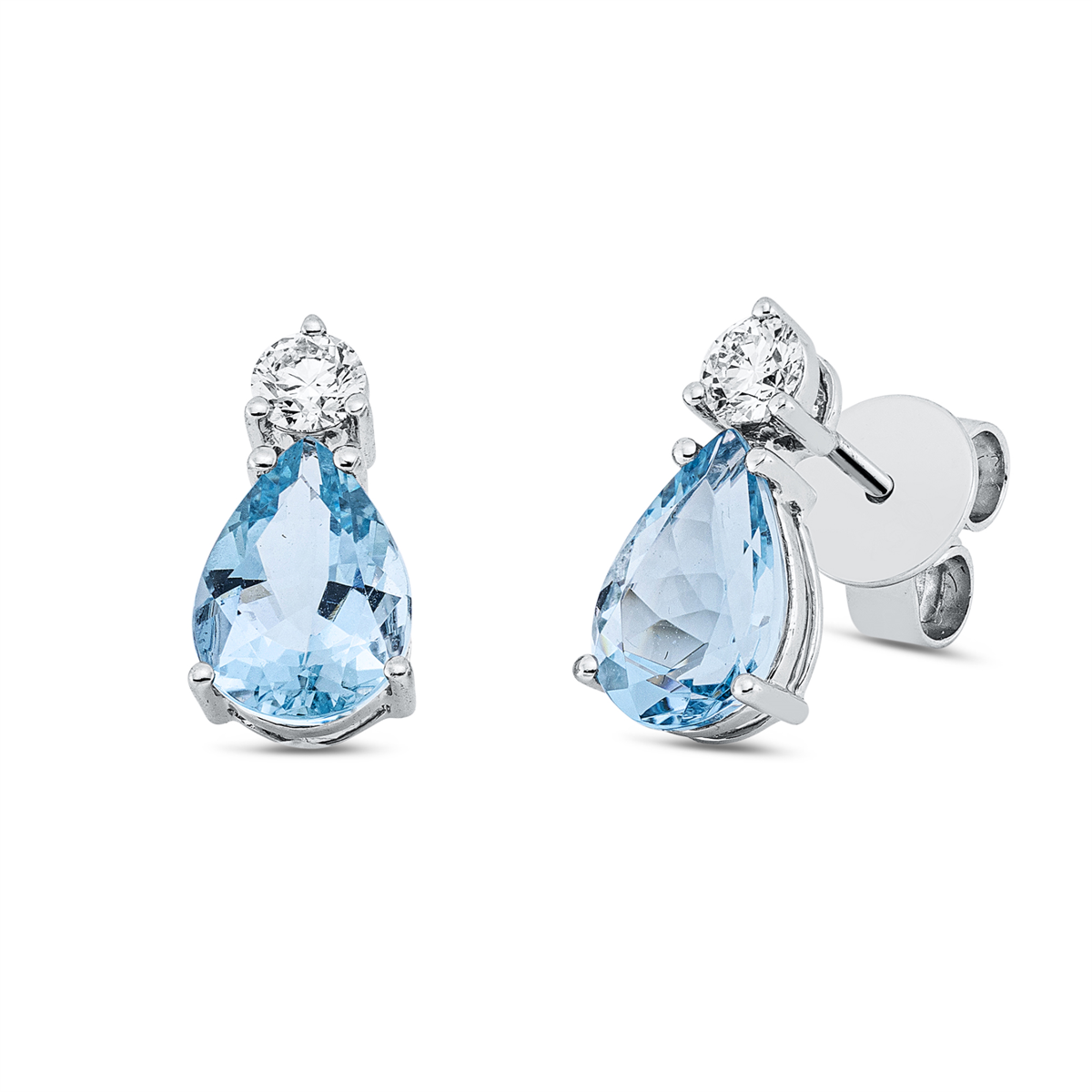 diamond full cut aquamarine colored stone fashion studs in white gold