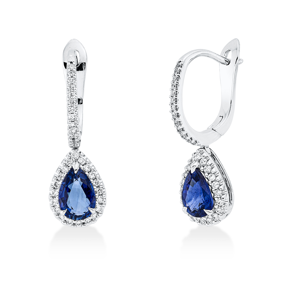 diamond full cut sapphire colored stone classic earrings in white gold