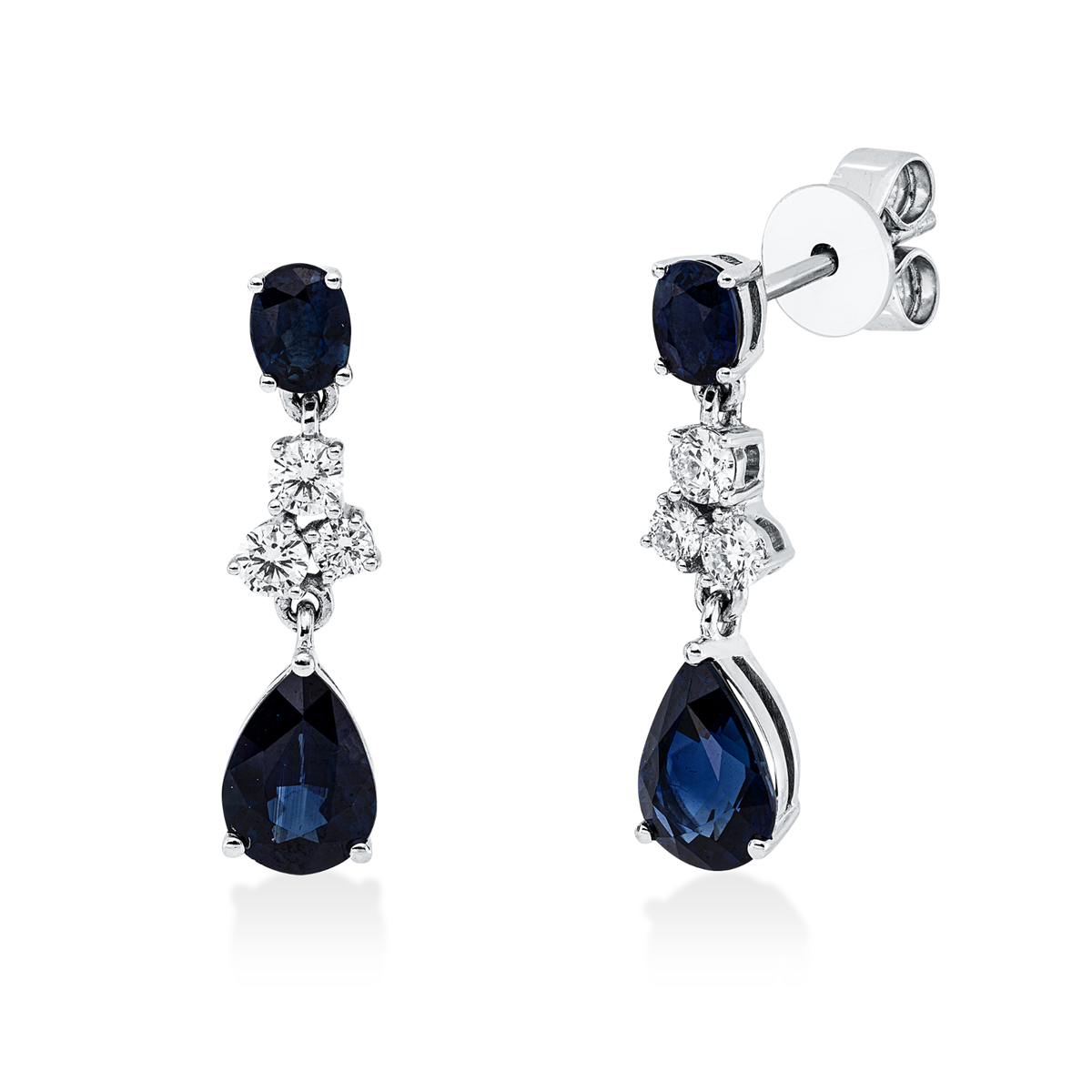 diamond full cut sapphire colored stone classic earrings in white gold