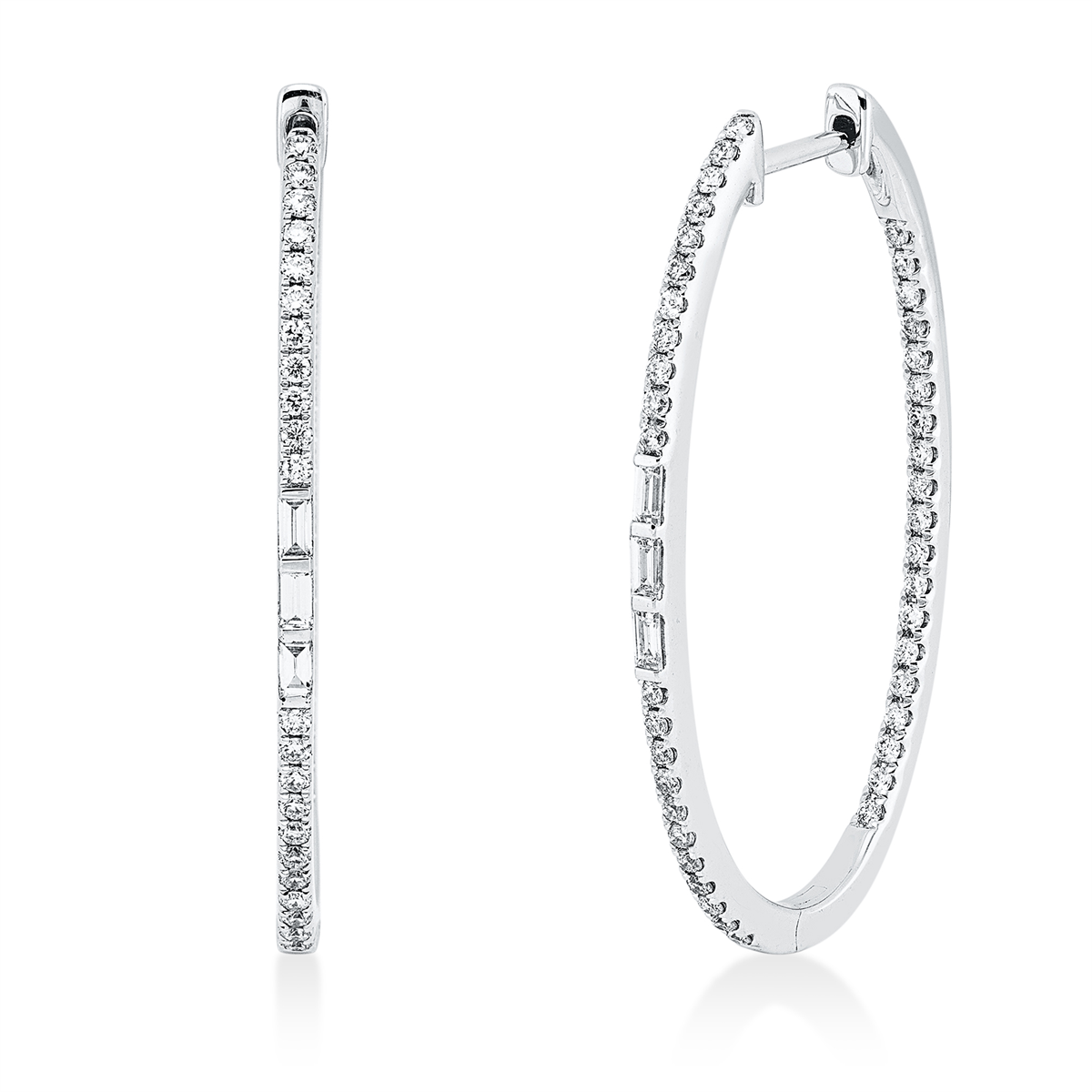 diamond full cut  baguette hoops & huggies in white gold