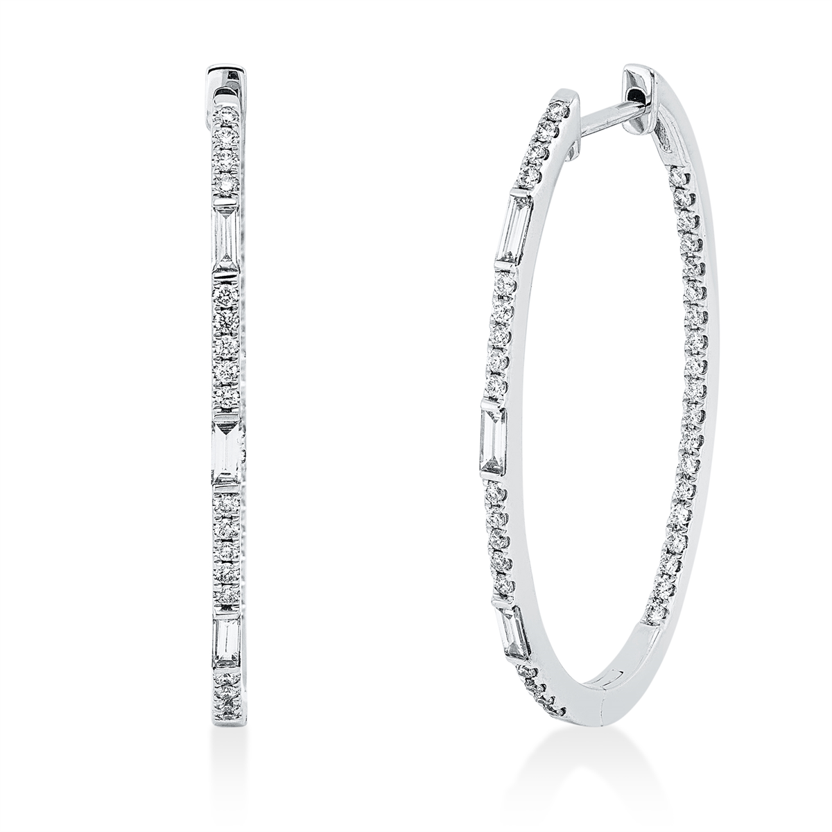 diamond full cut  baguette hoops & huggies in white gold