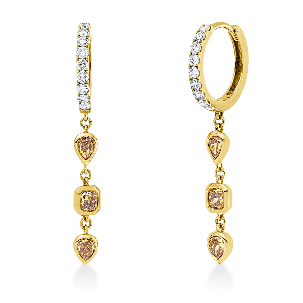 diamond full cut  fancy colored diamond earrings in yellow gold