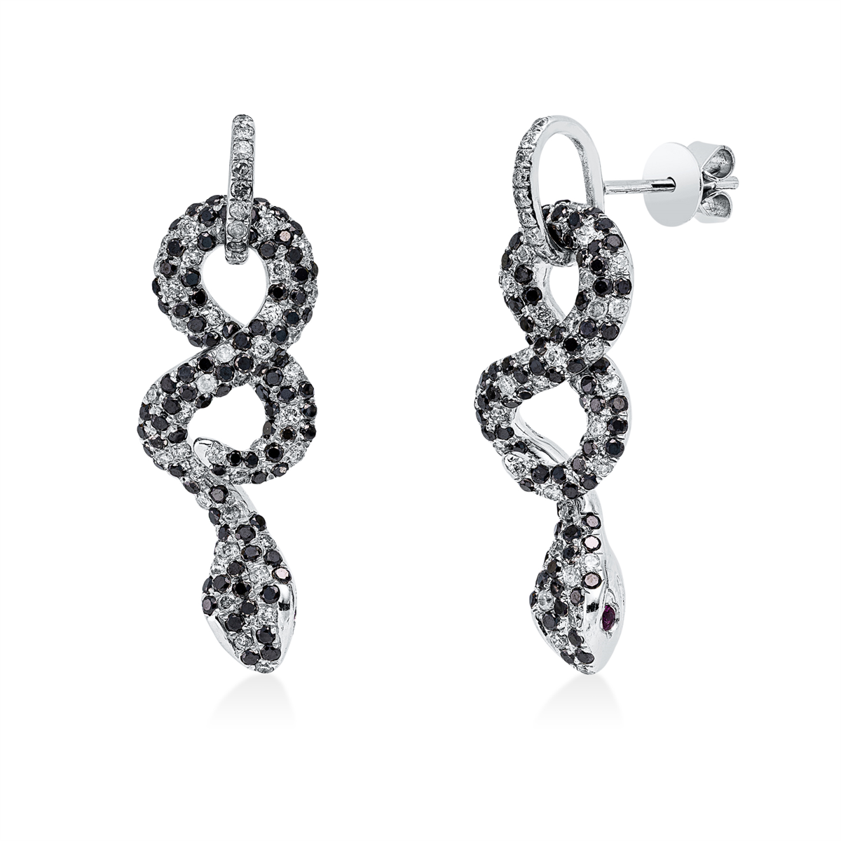 diamond full cut ruby animal earrings in white gold