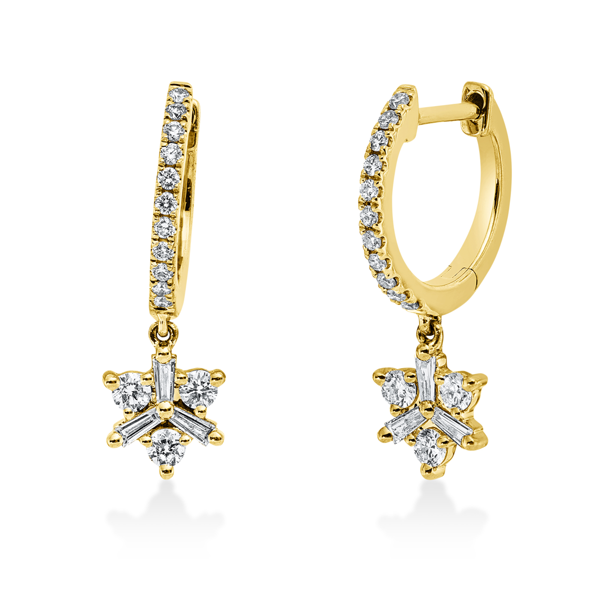fantasy-cut  baguette hoops & huggies in yellow gold