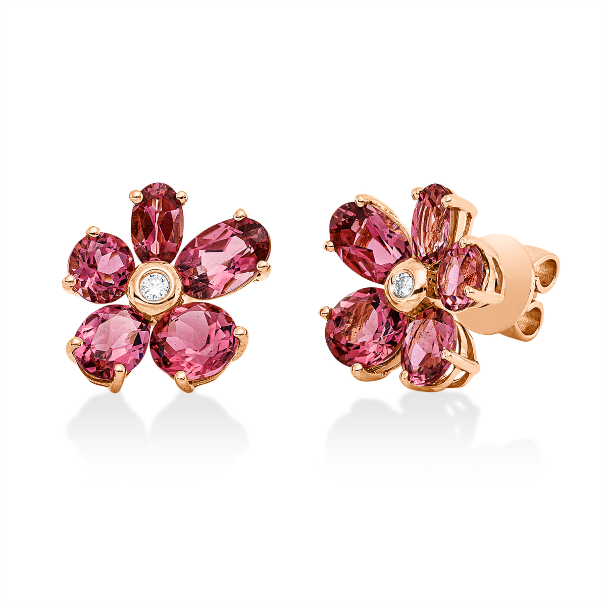 diamond full cut tourmaline colored stone classic studs in red gold