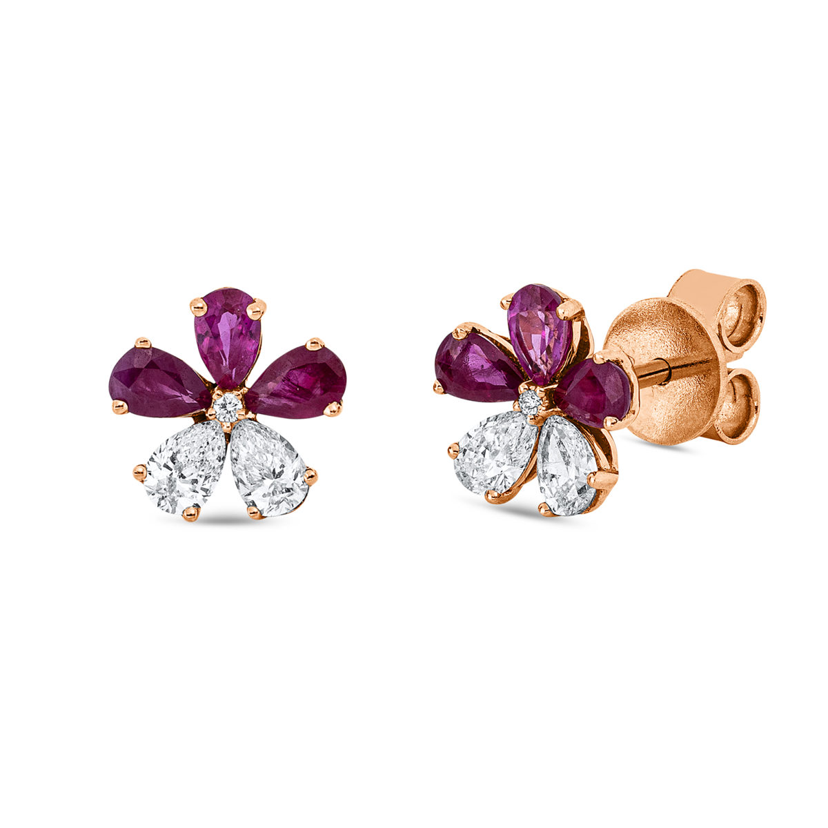 diamond full cut ruby colored stone classic studs in red gold
