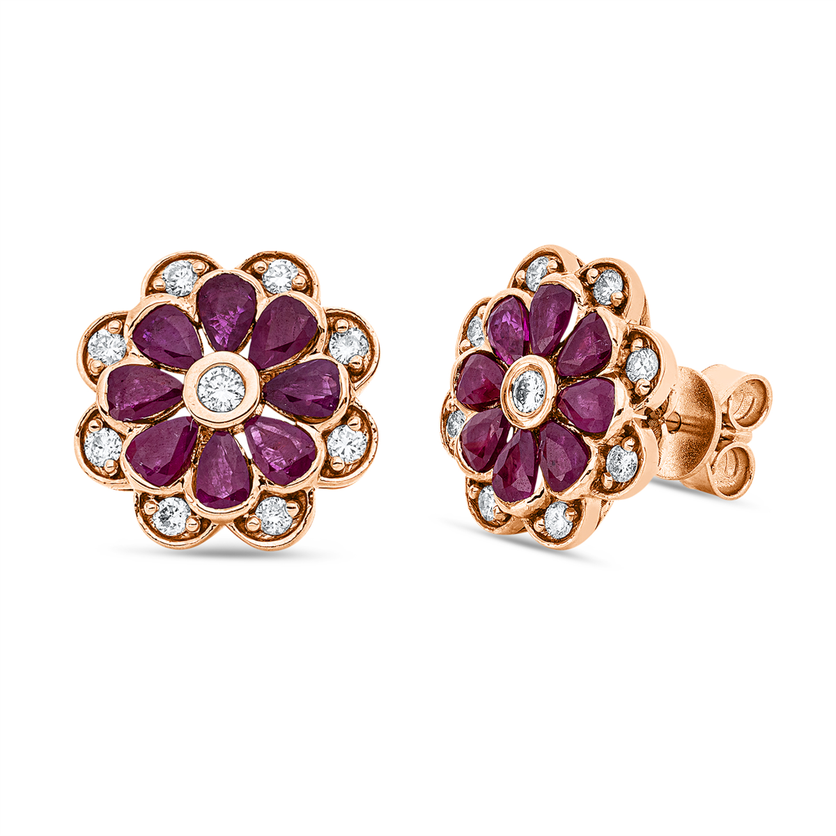 diamond full cut ruby colored stone classic studs in red gold