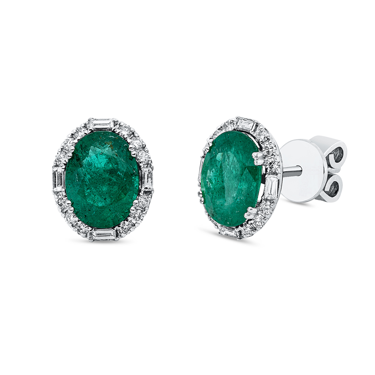 diamond full cut emerald colored stone classic studs in white gold