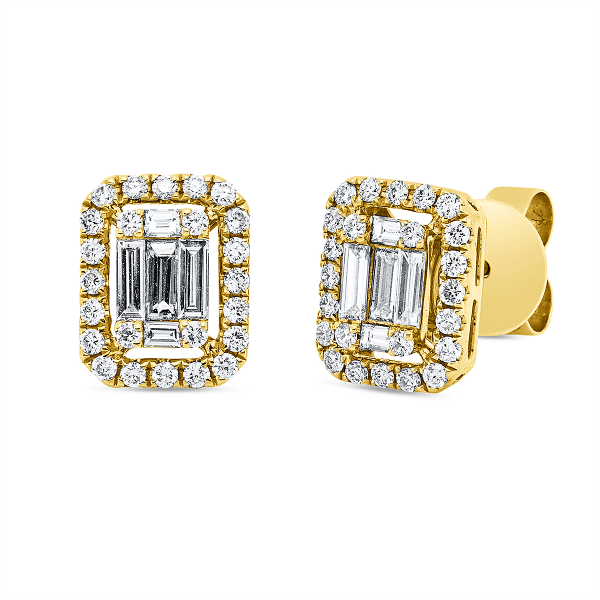 diamond full cut  baguette illusion studs in yellow gold
