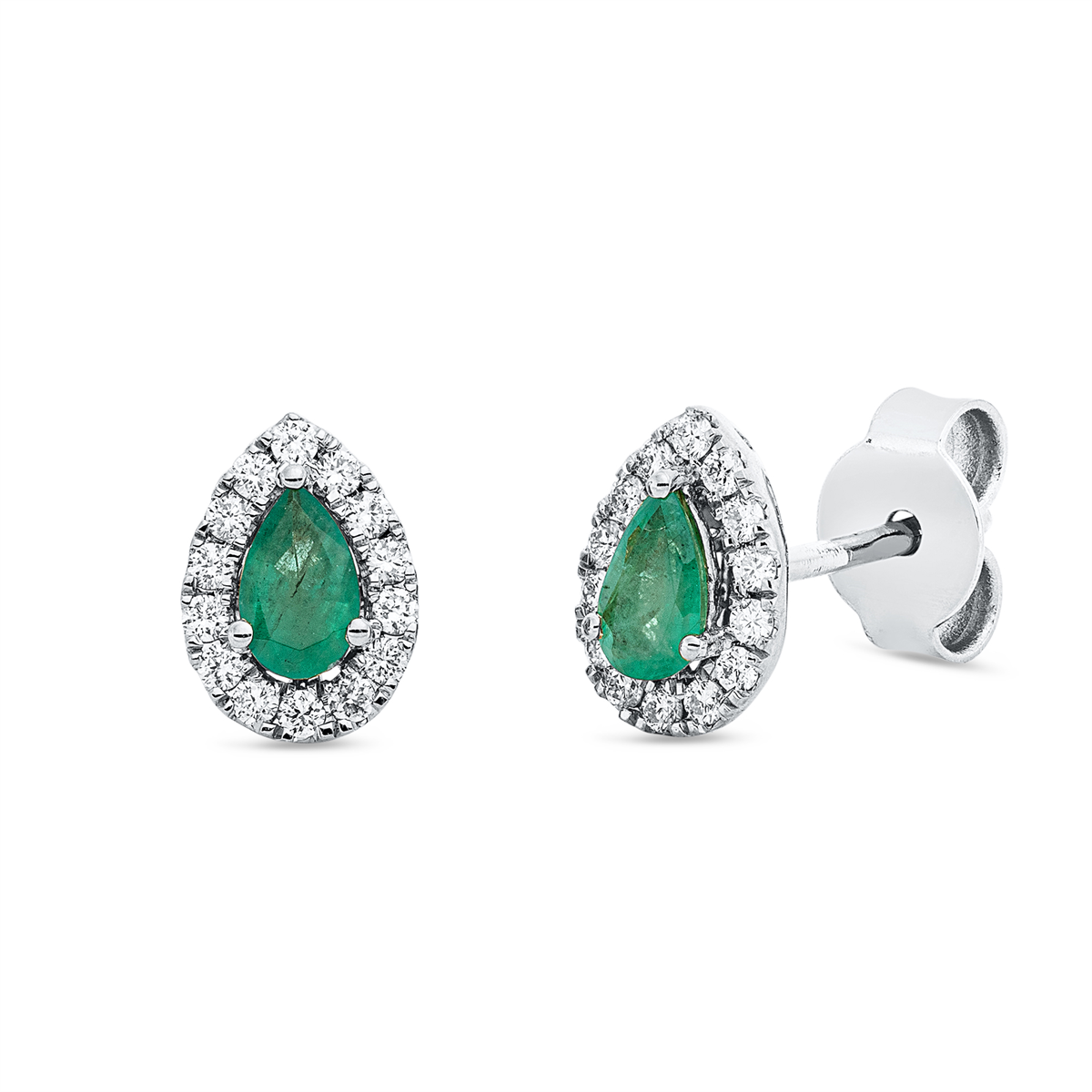 diamond full cut emerald colored stone classic studs in white gold