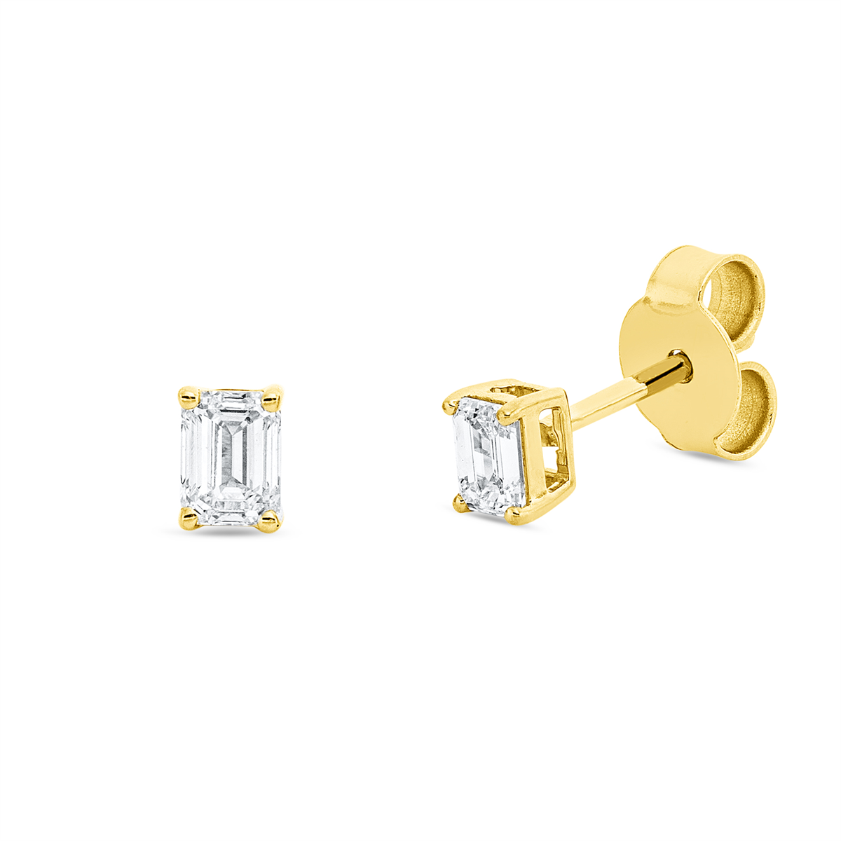 emerald cut  solitaire studs in yellow gold