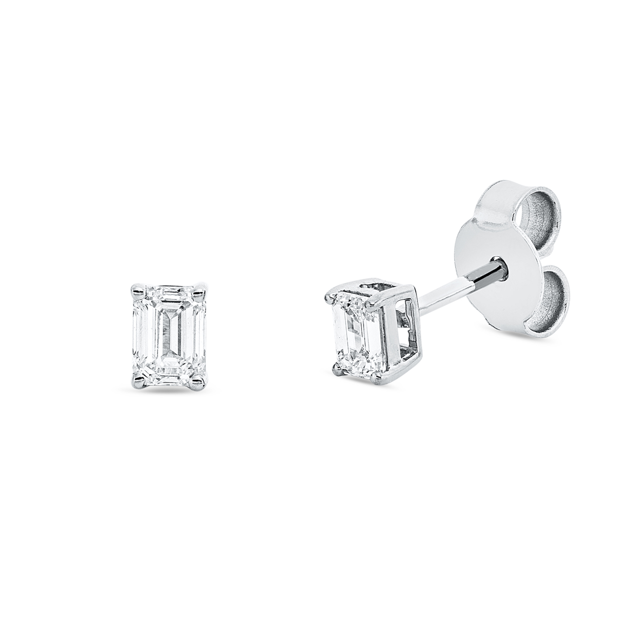 emerald cut  solitaire studs in white gold