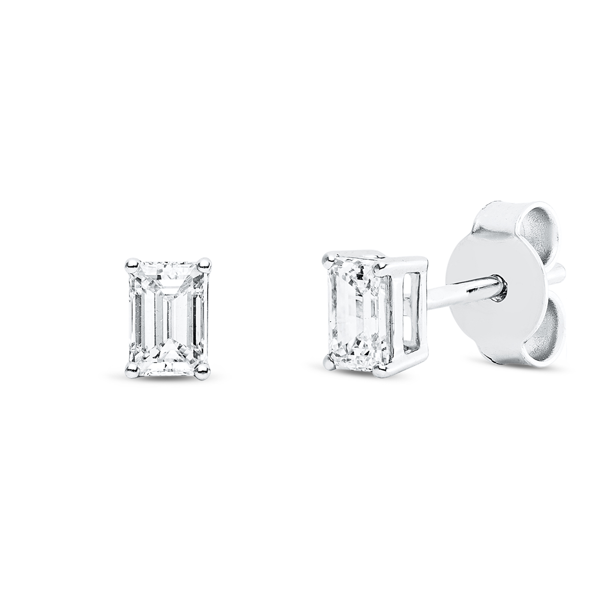emerald cut  solitaire studs in white gold