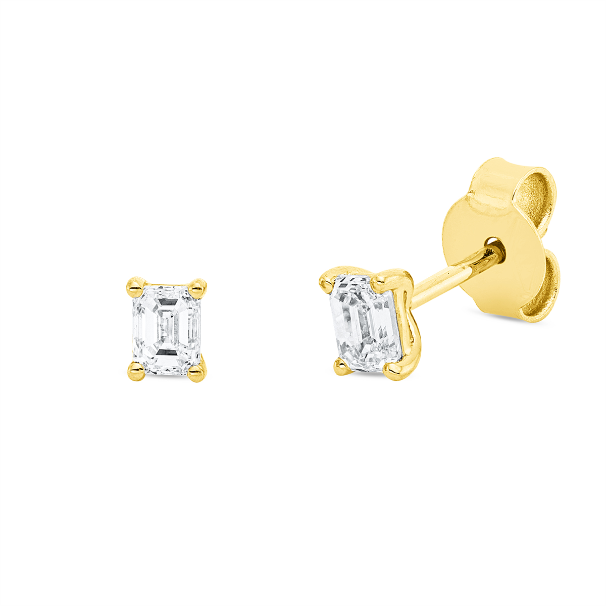 emerald cut  solitaire studs in yellow gold