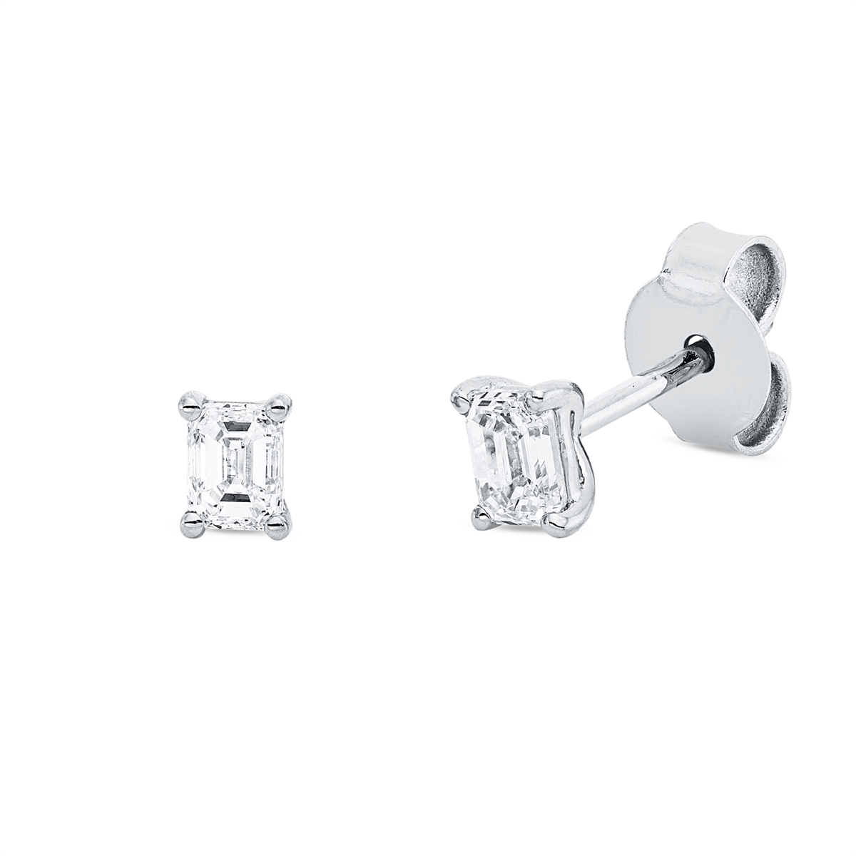 emerald cut  solitaire studs in white gold