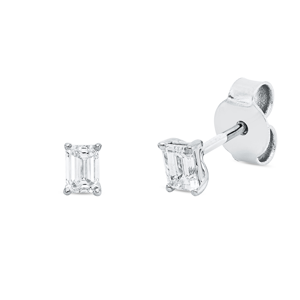 emerald cut  solitaire studs in white gold