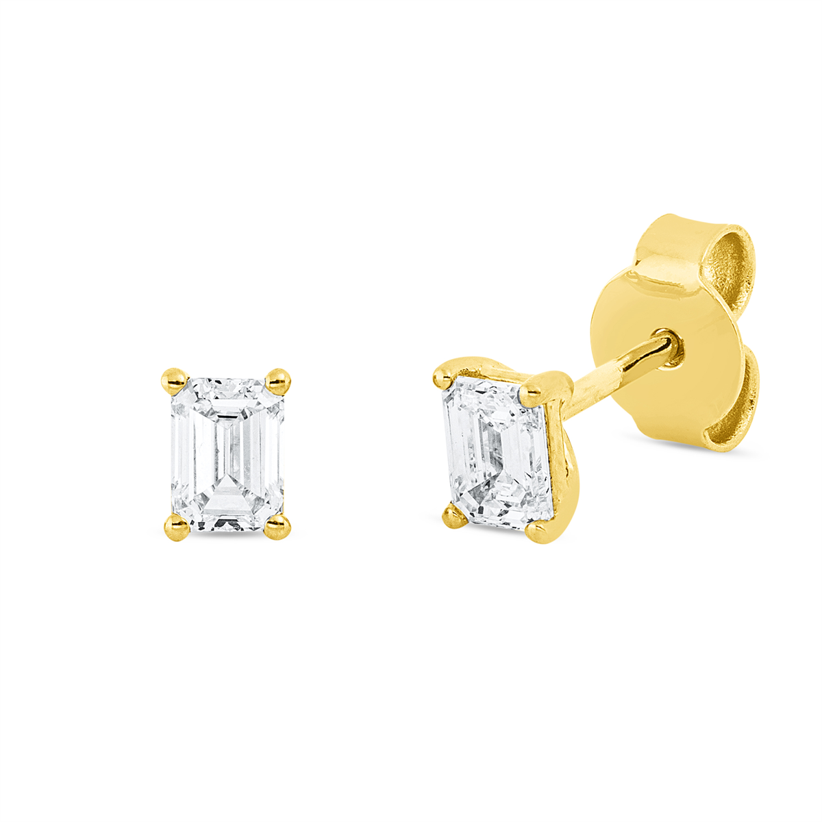 emerald cut  solitaire studs in yellow gold