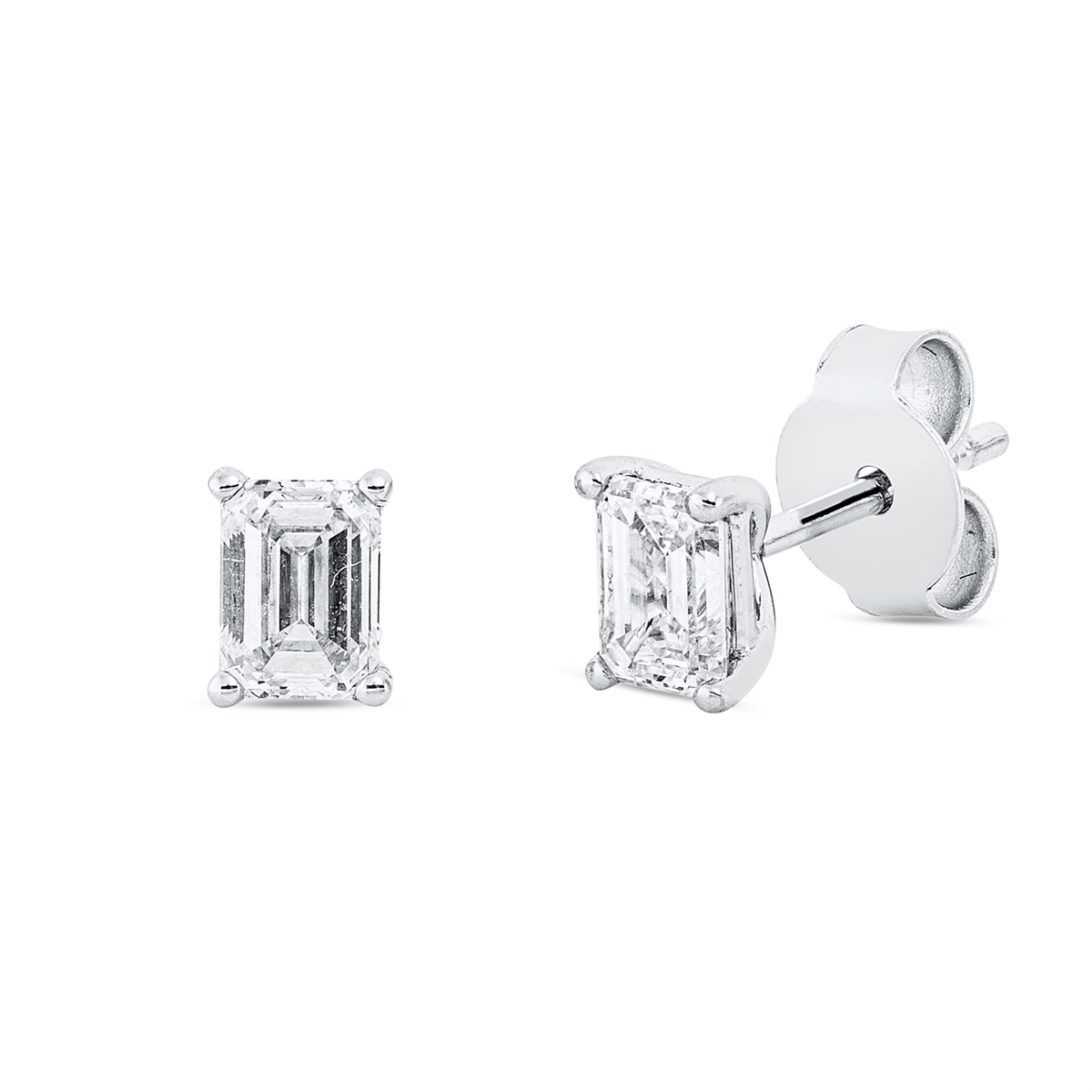 emerald cut  solitaire studs in white gold
