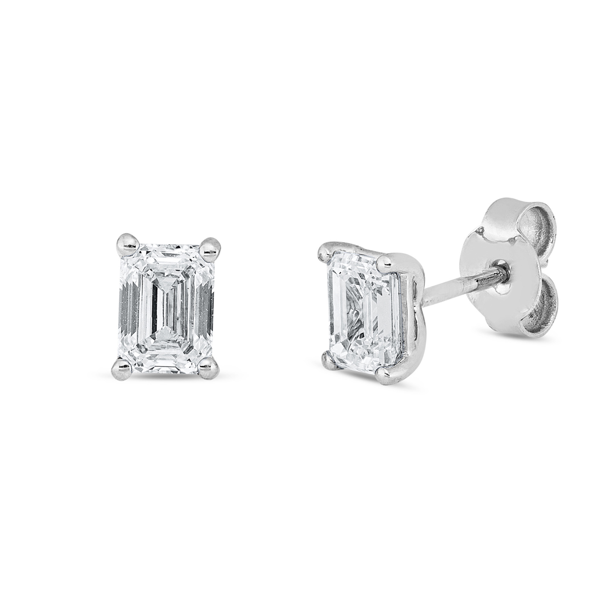 emerald cut  solitaire studs in white gold