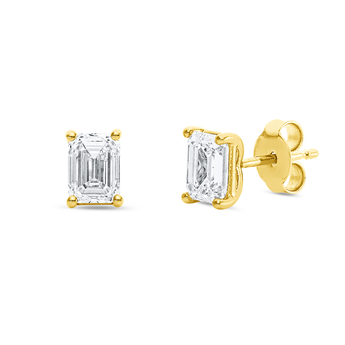 emerald cut  solitaire studs in yellow gold