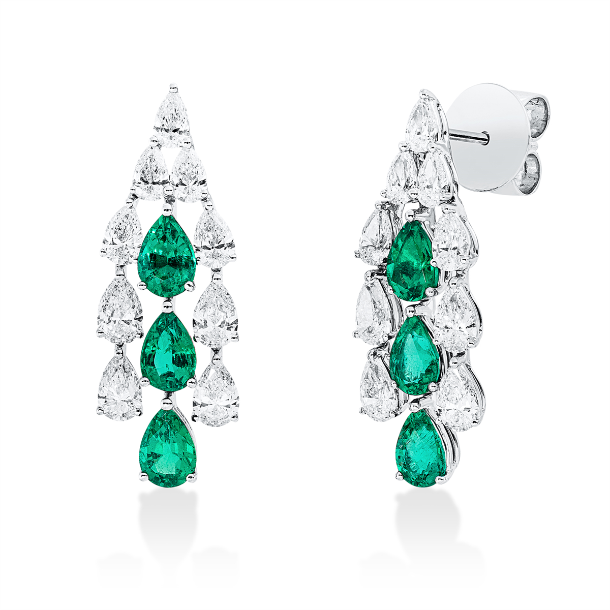 pear shape emerald colored stone classic earrings in white gold