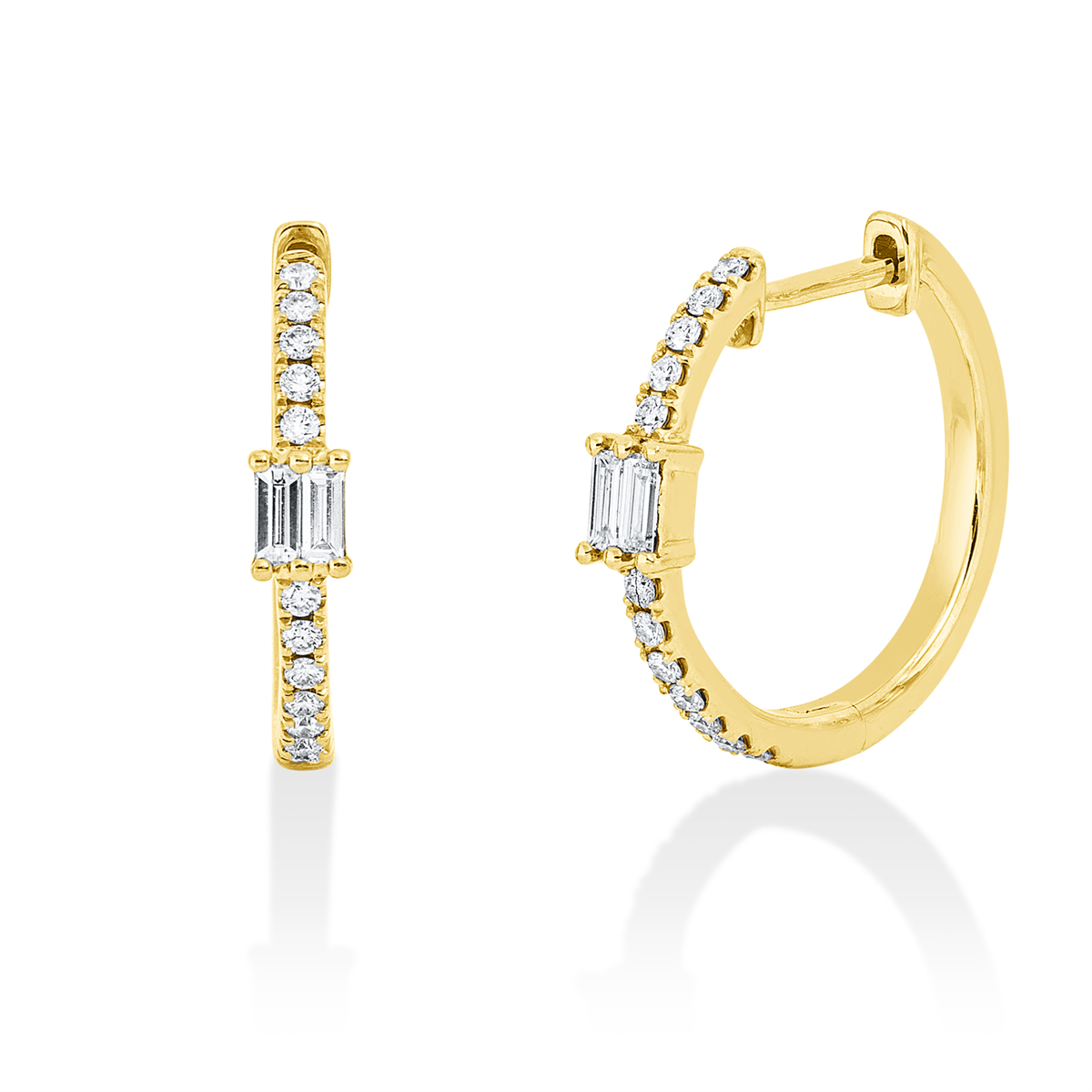 diamond full cut  baguette hoops & huggies in yellow gold