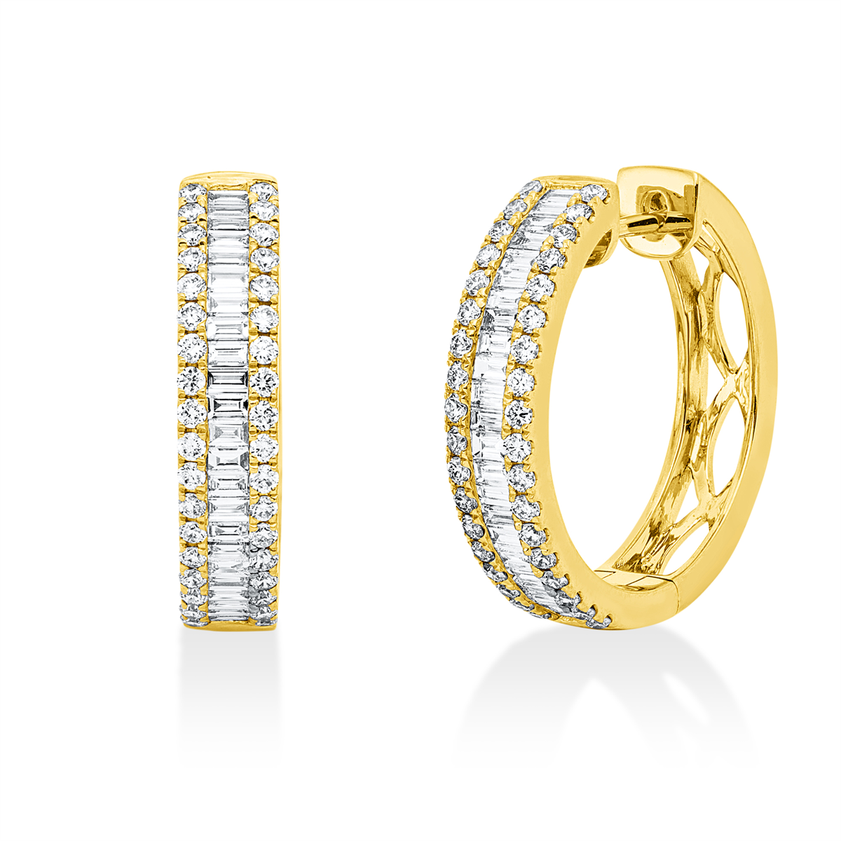 diamond full cut  baguette hoops & huggies in yellow gold