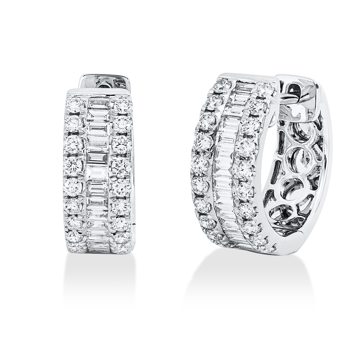 diamond full cut  baguette hoops & huggies in white gold