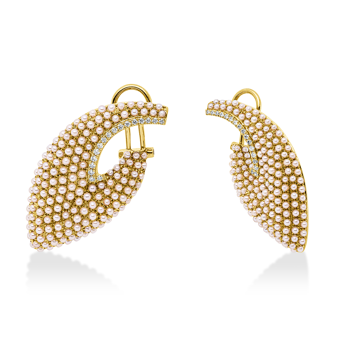 diamond full cut  pearl earrings in yellow gold