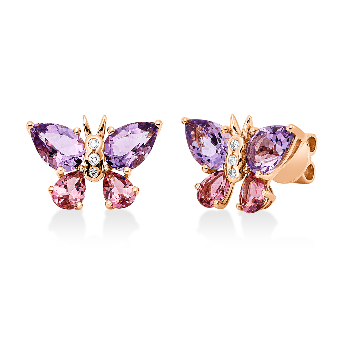 diamond full cut tourmaline colored stone fashion studs in red gold