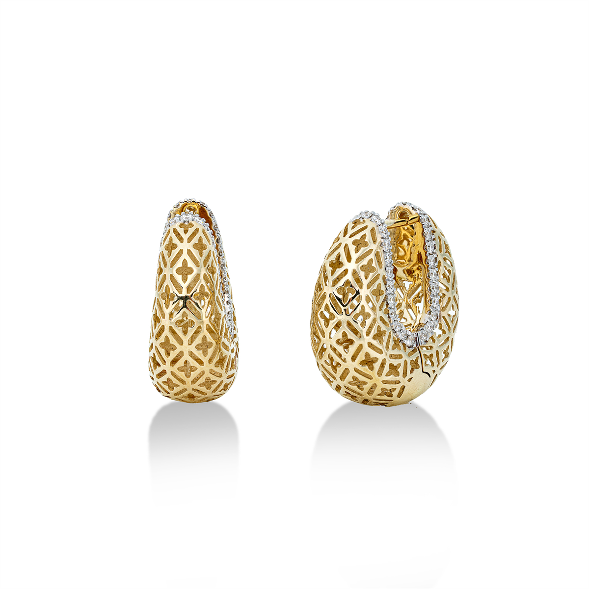 diamond full cut  modern woman hoops & huggies in yellow gold / white gold