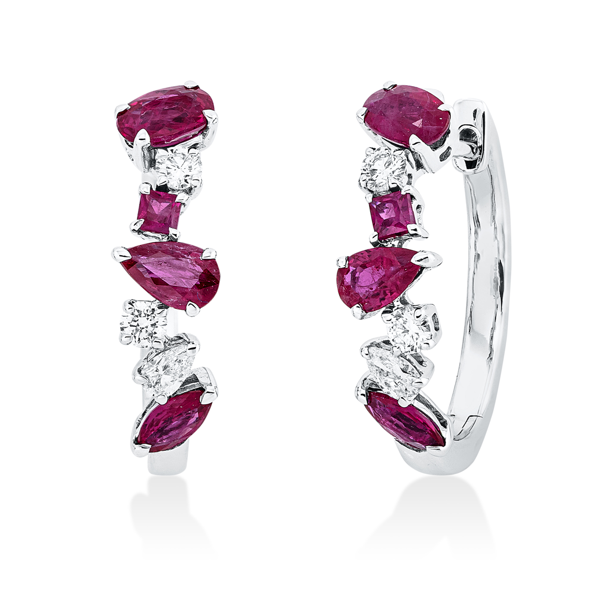 diamond full cut ruby colored stone classic hoops & huggies in white gold