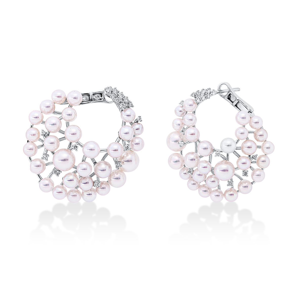 diamond full cut  pearl hoops & huggies in white gold